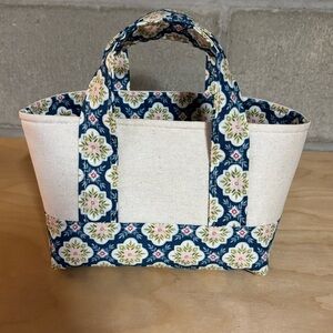 Handmade Floral Blue and Cream Mini Tote Bag